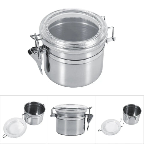Heavy Duty Airtight Stainless Steel Coffee Canister Keeps Your Daily Grind Fresh And Locked Tight For Kitchen Storage Holds Sugar Tea And Coffee Beans In Medium Sized Jars with clear lid.