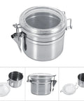 Medium Size Food Grade Stainless Steel Coffee Canister With Clear Lid Heavy Duty Build For Tea And Sugar Pantry Storage Keeps Fresh Goods Crisp Rust Free Kitchen Must Have, showcasing airtight design and locking latch.