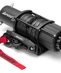 SuperATV 4500 lb winch for UTV/ATV with black housing, steel cable, and red pull strap