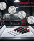 4 Piece Pick And Hook Tools Set For Auto And Home Use displayed on workshop table with technical drawings, includes straight pick, 135° combo pick, 90° pick, and 45° hook