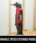 Dang Compact Cordless Right Angle Impact Driver With 12V Brushless Motor And Quarter Inch Hex Chuck Featuring 20Ah USB C Battery and 20W Charger Plus Belt Clip, showing the variable speed extended paddle.