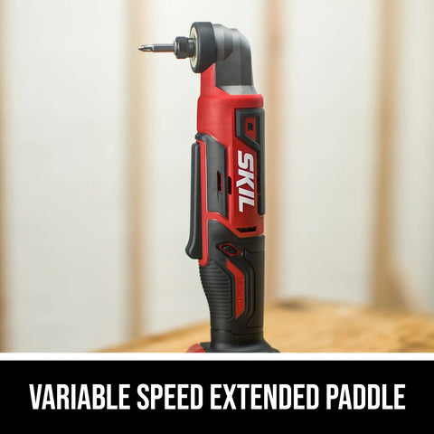 Dang Compact Cordless Right Angle Impact Driver With 12V Brushless Motor And Quarter Inch Hex Chuck Featuring 20Ah USB C Battery and 20W Charger Plus Belt Clip, showing the variable speed extended paddle.