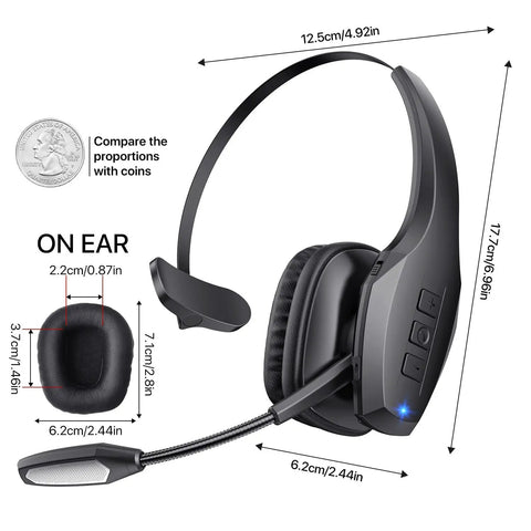 Trucker Bluetooth Headset With Dual Noise Canceling Microphone And Mute Button Features 55 Hour Battery Life dimensions view