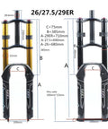 Diagram showing dimensions of Beefy Front Suspension Fork For Mountain Bikes 26 27.5 29, 130mm Stroke, Double Crown DH Fork.