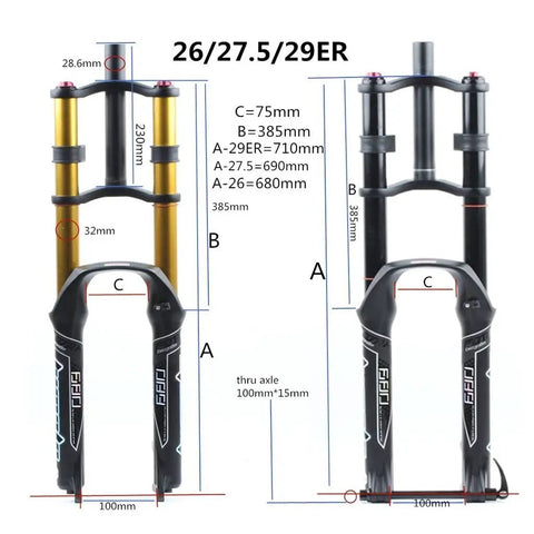 Diagram showing dimensions of Beefy Front Suspension Fork For Mountain Bikes 26 27.5 29, 130mm Stroke, Double Crown DH Fork.