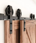Heavy Duty Bypass Sliding Barn Door Hardware Kit For 4 To 16 Feet Black Top Mounted Rails Durable Steel Tracks Detail