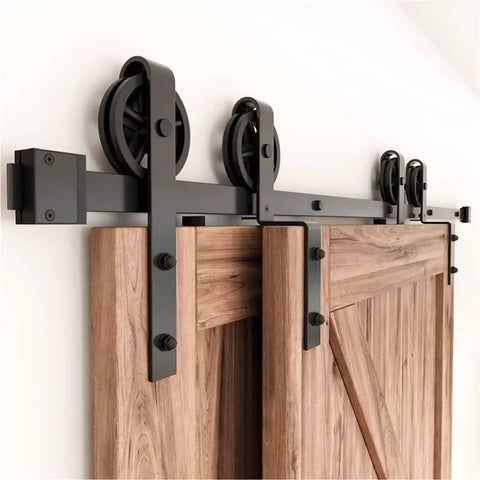 Bypass Sliding Barn Door Hardware Kit In Antique Style, Black Top Mounted Tracks And Rollers For Double Doors