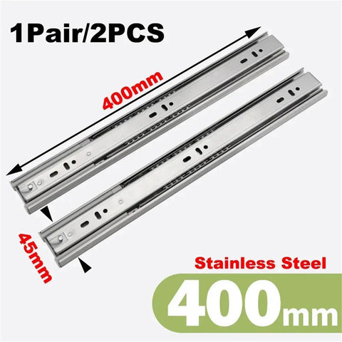 Three Section Stainless Steel Drawer Slides With Damping Buffer 400mm size, pair, for kitchen, office, and workshop use