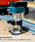 Heavy Duty 110 Inches Aluminum Guide Rail For Track Saws And Routers With Connector Kit used with Makita plunge saw on a workbench.