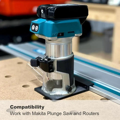 Heavy Duty 110 Inches Aluminum Guide Rail For Track Saws And Routers With Connector Kit used with Makita plunge saw on a workbench.