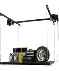 Hardcore Adjustable Overhead Garage Storage Rack With 300 Pound Capacity Rustproof Carbon Steel Ceiling Mount Hanger For Toolbox Organization And Warehouse Gear Hauls with tools and tires.