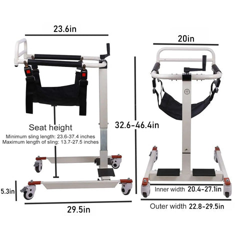 Heavy Duty Patient Lift Transfer Chair With Easy Hand Crank For Smooth Bed To Wheelchair Moves dimensions and features diagram
