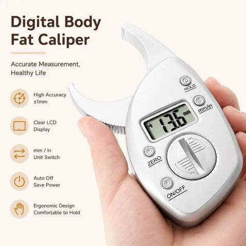Digital Body Fat Caliper With LCD Display For Quick Skinfold Readouts, Portable Body Composition Tool With Tape Measure, Switchable Mm In Units For Men And Women At Home, Gym, Or Travel Use in hand