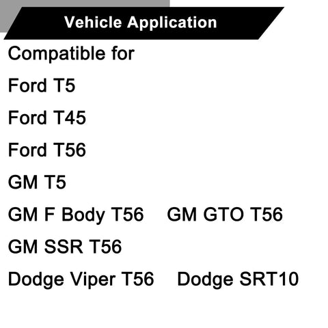 Vehicle application chart for Brass 5 Speed Shifter Bushing Replacement 1352-127-009 Direct Fit For 1983-2002 GM F Body Camaro Firebird Ford Tremec T5 T45 T56 Dodge Viper SRT10 Transmissions