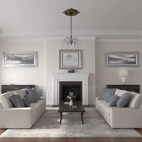 Living room with Benson Classic Brass Ceiling Medallion, 28 3/8 Inch Outside Diameter, 3 3/4 Inch Inside Diameter, hand painted detail.