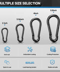 Carabiner set: four black-coated metal clips in 2, 3.16, 4, and 5.5 inch sizes