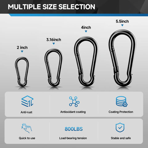 Carabiner set: four black-coated metal clips in 2, 3.16, 4, and 5.5 inch sizes