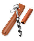 10-inch hand wood auger with tan leather sheath and metal carabiner clip
