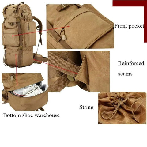 Khaki Large Capacity Outdoor Backpack for camping and travel, water-repellent Oxford with pockets, reinforced seams, and shoe storage