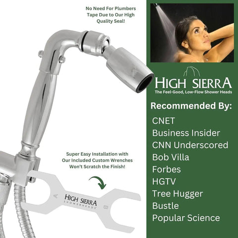 Lead Free Metal Handheld Shower Head With 72 Inch Stainless Steel Hose Biofilm Resistant Silicone Inner Tube And Holder Low Flow 1.8 GPM Delivers Rain Like Cascade For Scalp Massage And Fast Shampoo Rinse shown with installation wrench and user guide insert.