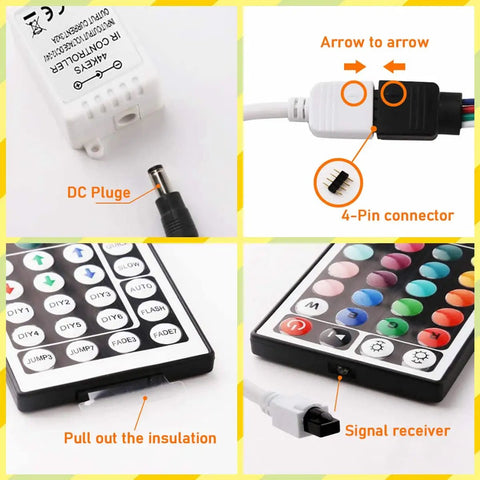 Close-up of 12V 44 Key Wireless IR Remote Controller with dual ports, showing DC plug, 4-pin connector, and signal receiver.