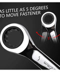 8 To 32mm Ratchet Spanner Set With Reversible Wrenches And Gear Ring Keys For Auto Repair Pro Grade Built To Last Durable Alloy Build Easy Grip Space Saving Design For Cars And DIY Projects showing 5-degree turn capability of the spanner head