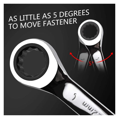 8 To 32mm Ratchet Spanner Set With Reversible Wrenches And Gear Ring Keys For Auto Repair Pro Grade Built To Last Durable Alloy Build Easy Grip Space Saving Design For Cars And DIY Projects showing 5-degree turn capability of the spanner head