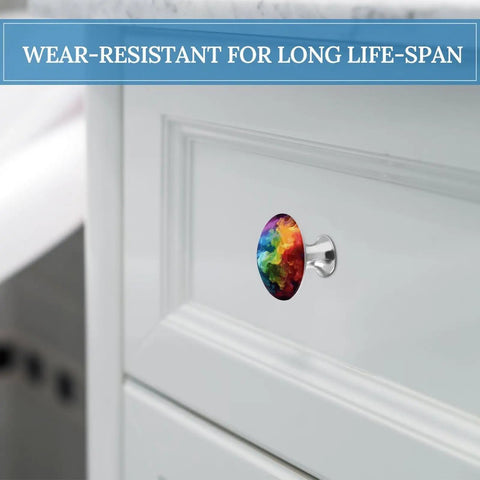No Fuss 2 Pack Round Cabinet Knobs And Pull Handles For Kitchen Drawer Hardware 1.1 Inch Rainbow Smoke stainless steel knob on white cabinet.