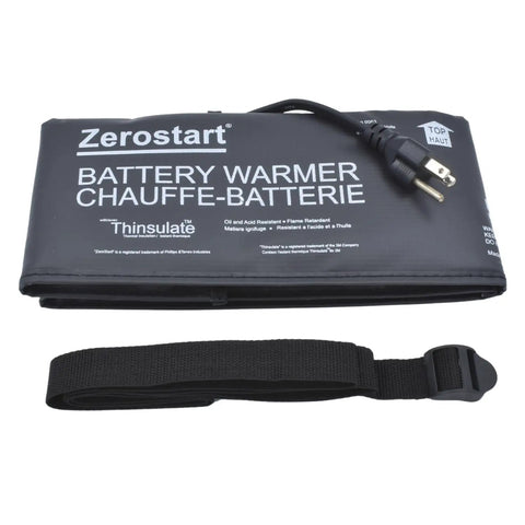 Hella Reliable Electric Battery Blanket Heater Wrap With Thinsulate Insulation CSA Approved Thirty Six Inch Coverage Eighty Watt Corded Warmth shown unfolded with power cord and strap.