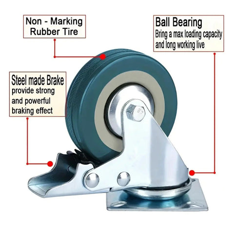Heavy Duty Two-Inch Pvc Casters Four Pack Lockable Swivel Wheels with steel brake and non-marking rubber tire design.
