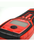Close-up of Badass Multifunctional Stud Finder Wall Scanner and Electrical Pipe Detector showing buttons and display.