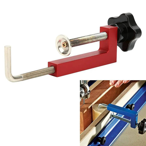 Adjustable Woodworking G Clamp For Fence Builds And Garage Projects, Heavy Duty Aluminum Alloy Press Block With Smooth Action Jaw, Durable Red Coating, Built Like An Absolute Beast, Shop Approved, side view.
