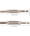 Get Your Hinge Drilling Game Strong With This 4Pc Self Centering Drill Bit Kit showing two metal drill bits with dimensions.