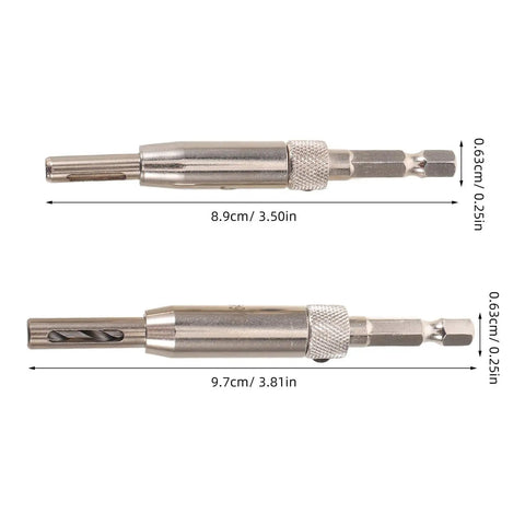 Get Your Hinge Drilling Game Strong With This 4Pc Self Centering Drill Bit Kit showing two metal drill bits with dimensions.