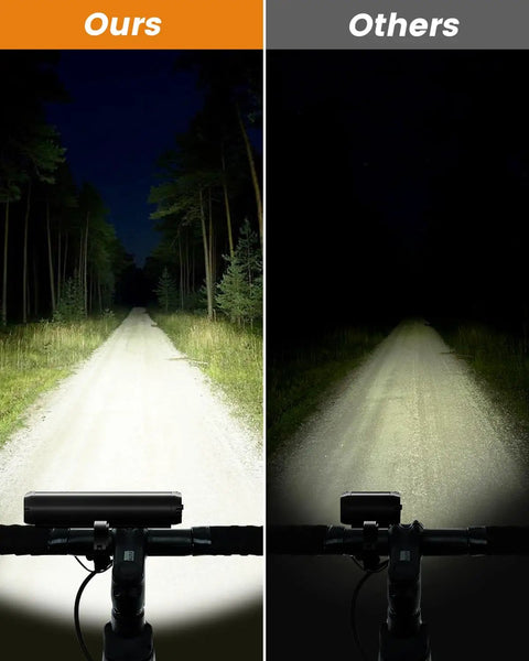 Comparison of Amped Up Bright USB C Rechargeable Bike Light Set showing brighter illumination on trail.