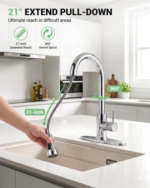 Jlerli Pull-Down Kitchen Faucet, High Arc, Brushed Nickel, 3-Modes Sprayer with 21-inch reach and 360° swivel spout.