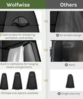 Comparison of Pop Up Shower Tent For Camping with vent window versus others with no window, clothesline, and multiple sizes, black.