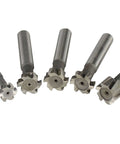 Front view of a set of five HSS end mills with cylindrical shanks for CNC milling