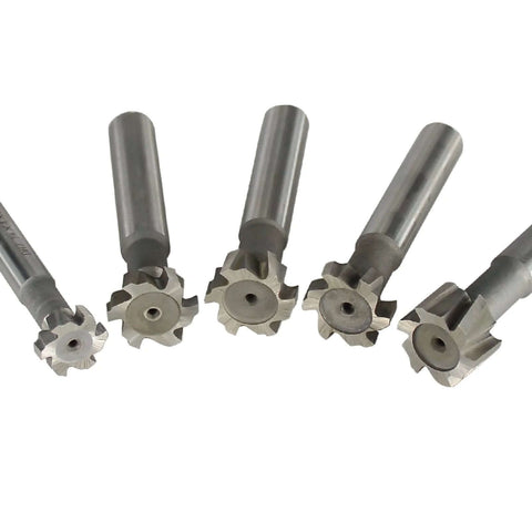 Front view of a set of five HSS end mills with cylindrical shanks for CNC milling