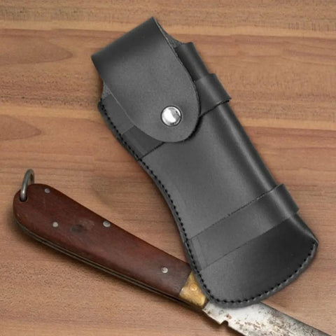PU Leather Knife Cover Sheath For Chef Knives Wear Resistant Guard Black on wood surface with folding knife handle