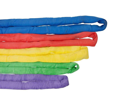 Colorful polyester endless round slings, including a 6 Ft Purple Polyester Endless Round Sling with 2600 Lbs Vertical Capacity