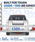 Beast Mode 1300Lbs Hitch Cargo Carrier with Ramp attached to truck, aluminum alloy, 50x30x10, 1300 lbs capacity, rear view