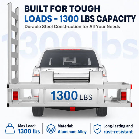 Beast Mode 1300Lbs Hitch Cargo Carrier with Ramp attached to truck, aluminum alloy, 50x30x10, 1300 lbs capacity, rear view