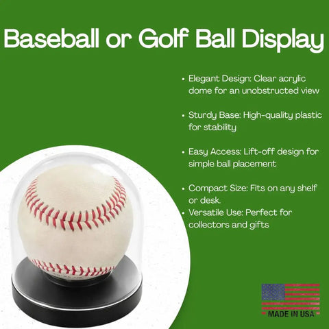 Baseball And Golf Ball Display Case With Clear Dome, Convertible Ball Holder for easy desk placement, Made In USA