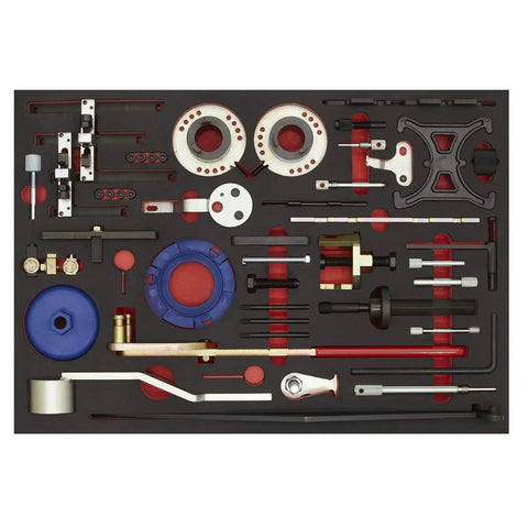 Ford Diesel and Petrol Master Timing Tool Kit 36 Piece for Belt and Chain Drive in foam case showing tools arrangement