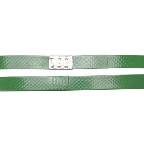 Heavy Duty Green Polyester Strapping Roll For Solid Pallet Securing 5/8 Inch Wide By 4000 Feet Long with metal clip.