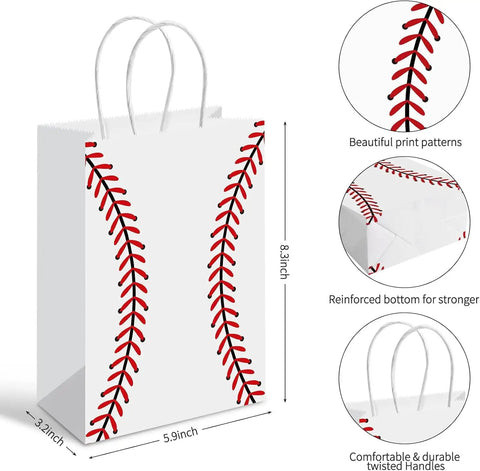 Baseball Theme Party Favor Bags With Handle, 12 Pack Kraft Paper Goodie Bags, eco ink, durable quality, showing size and design