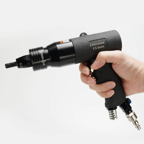 Pneumatic Rivet Nut Gun With Four Size Pro Grade Quick Change Nose Pieces Air Rivet Nut Setter Tool in hand, 3/8 inch size shown.