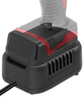 Hella Solid 500W AC To DC Converter Compatible With Milwaukee M18 Cordless Tools, close-up of black power supply adapter with red accents.