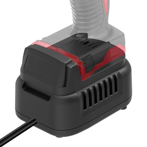 Hella Solid 500W AC To DC Converter Compatible With Milwaukee M18 Cordless Tools, close-up of black power supply adapter with red accents.